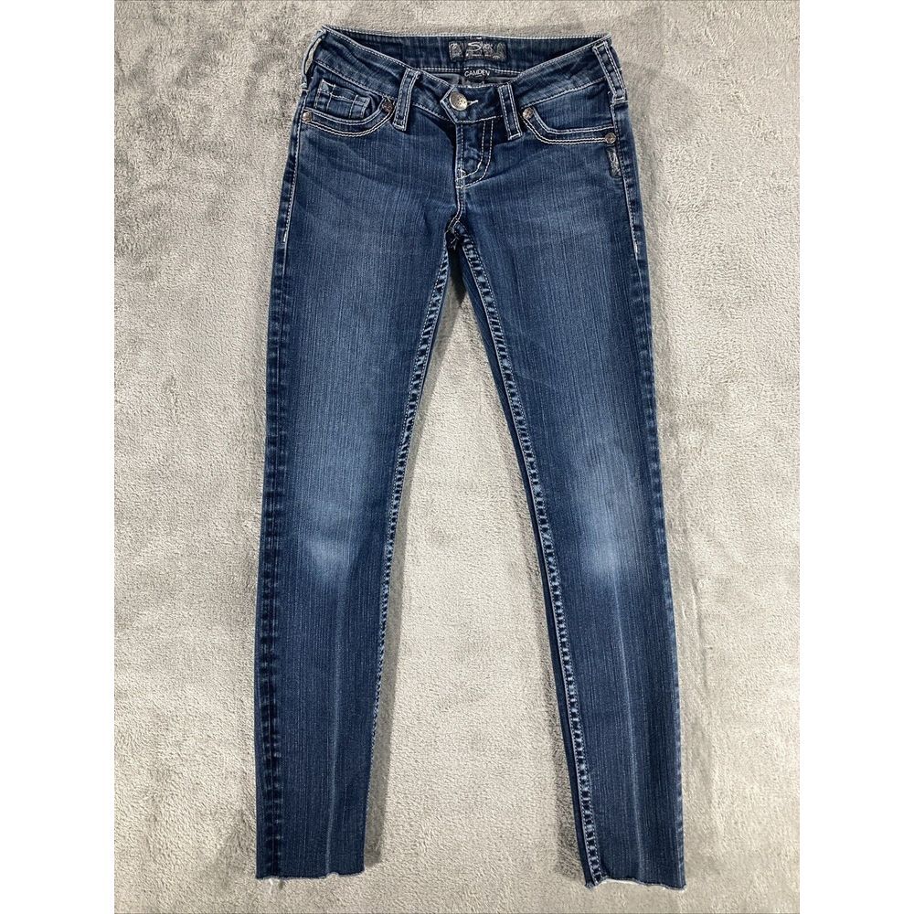 Silver Camden Skinny Jeans Womens Size 24 x 27 Blue Denim Embroidered Stitch